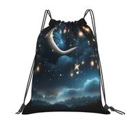 POCUK Nightsky Hanging Moon Stars Drawstring Backpack Outdoor Portable Backpack Simple Casual Travel Beach School Bag