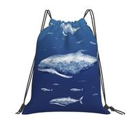 POCUK Small Blue Whale Swimming Drawstring Backpack Outdoor Portable Backpack Simple Casual Travel Beach School Bag