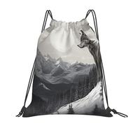 POCUK Snow Mountain Lone Wolf Drawstring Backpack Outdoor Portable Backpack Simple Casual Travel Beach School Bag