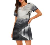POCUK Snow Mountain Lone Wolf Women'S Short-Sleeved Nightdress Summer Family Walk Shopping Vacation Home Clothes Black
