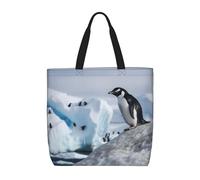 POCUK Snow Mountain Penguin Tote Bags Cute One-Shoulder Multi Purpose Tote Storage Bag