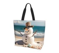 POCUK Snowman With Seashells Sitting On Sandy Beach Shoulder Bag Large Capacity Handheld Storage Bag