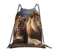 POCUK Two Lions Drawstring Backpack Outdoor Portable Backpack Simple Casual Travel Beach School Bag