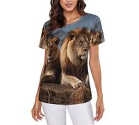 POCUK Two Lions Women's Short-Sleeve T Shirts Classic-Fit Summer Round Neck Tops Black