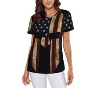 POCUK USA Flag American Spartan Women's Short-Sleeve T Shirts Classic-Fit Summer Round Neck Tops Black