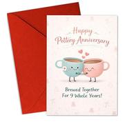 Podagree (5.3x8 Inch) Happy Pottery Anniversary Card, Brewed Together for 9 Whole Years, Cute Coffee Cup Design, Funny and Sweet, Blank Inside, Folded Card with Envelope for 9th Anniversary