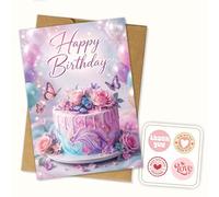 Podagree Birthday Cake Card with Envelope and Stickers, Elegant Butterfly Floral Greeting Card, Happy Birthday Gift for Mom Wife Daughter Sister Friend Coworker Aunt Grandma Her, 8x5.3 in