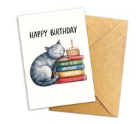 Podagree Happy Birthday Greeting Card, Cat Birthday Card Here Is To Another Chapter, Cute Cat Book Lover Birthday Card, Cozy Cat Birthday Single 5.3''x 8'' Folded with Envelope