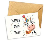 Podagree Happy Moo Year Card Funny Cow Design Cute Farm Animal Holiday Greeting for Friends Family Cow Lovers Farmers Kids Humorous New Year 2026 Card 5.3''x8'' Folded with Envelope