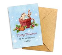 Podagree Merry Christmas to My Wonderful Teacher Card for Teachers from Students or Families, Cozy Red Sweater Mug Design with Holly Leaves and Cookie Art - 8x5.3 Inch With Envelope