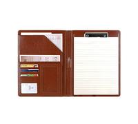 Podazz A4 Foldover Clipboard Folder, Leather Resume Storage Conference Folder with 8-Bit Calculator，Business Portfolio Notepad Holder for Interview/Presentation Document Card Organizer Holder (Brown)