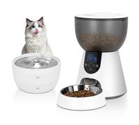 Podazz Automatic Cat Feeder and Water Dispenser, 4L Cat Food Dispenser with Timer for Dry Food, 1-6 Meal/Day, 1-10 Portions/Meal, 3L Water Fountain with Quiet Pump, Stainless Steel Food Bowl