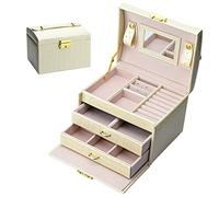 Podazz Jewellry Box for Women, 3 Layers PU Leather Jewelry Organizer with Mirror and Lock, Drawer type, for Storing Rings, Bracelets, Earrings, Necklaces, Mother's Day Gift Box - Apricot