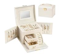 Podazz Jewelry Box Organizer, Large Lockable Leather Jewelry Holder with Mirror, 3-Tier Case with 2 Drawers for Bracelets, Earrings, Rings, Necklaces, Xmas Mother's Day Birthday Gift (Cream)
