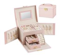 Podazz Jewelry Box Organizer, Large Lockable Leather Jewelry Holder with Mirror, 3-Tier Case with 2 Drawers for Bracelets, Earrings, Rings, Necklaces, Xmas Mother's Day Birthday Gift (Pink)
