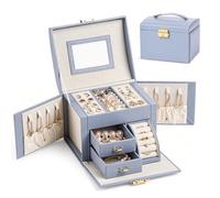 Podazz Jewelry Box Organizer, Large Lockable Leather Jewelry Holder with Mirror, 3-Tier Case with 2 Drawers for Bracelets, Earrings, Rings, Necklaces, Xmas Mother's Day Birthday Gift (Dusty Blue)