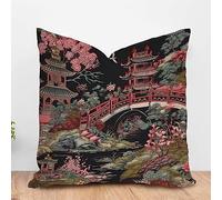PODbyyou Asian Scenic Chic Chinoiserie Cushion Cover Chinoiserie Charcoal Coral Pagoda Throw Pillow Covers Pagoda and Flower Asian Style Pillow Case Farmhouse Decor 16x16in White Flax