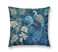 PODbyyou Bird Floral Peacock Velvet Pillow Cases Navy Blue Throw Pillow Chinoiserie Style Cushion Cover Farmhouse Pillow Covers 22 "x22 Decorative Pillowcase for Sofa Couch Bed Office Car