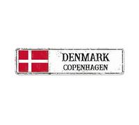 PODbyyou Country Souvenir Denmark Retro Metal Wall Sign City Souvenir Copenhagen Capital City Retro Street Signs Men Cave Decor National Flag Retro Metal Art Sign for Front Porch Living Room 12x3in