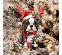 PODbyyou Dog Lover Gift Decorative Hanging Ornaments Boston Terrier Acrylic Xmas Tree Hanging Pendant Keepsake Boston Terrier Dog Lanterns Christmas Antlers Christmas Decorations 5in