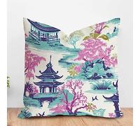 PODbyyou Japanese Asian Style Cushion Cover Aque Blue Pagoda Coral Pink Flower Sofa Pillow Cover Asian Teal Turquoise Pagoda Cushion Case Farmhouse Decor 16x16in White Flax