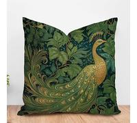 PODbyyou Japanese Asian Style Cushion Cover Gold and Green Peacock Throw Pillows Chinoiserie Bird and Flower Green Throw Pillowcase Farmhouse Decor for Living Room 26x26in White Flax