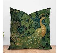 PODbyyou Japanese Asian Style Cushion Covers Gold and Green Peacock Throw Pillow Cover Chinoiserie Bird and Flower Green Pillow Cover Case Farmhouse Decor 16x16in White Flax