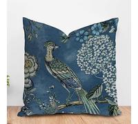 PODbyyou Navy Blue Chinoiserie Bird Farmhouse Cushion Cover Hydrangea Camellia and Peacock Home Decor Cushion Covers Asian Scenic Chinoiserie Double Side Throw Pillow Case 16x16in White Linen