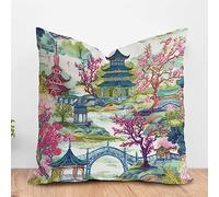 PODbyyou Pagoda Green Pink Flower Sofa Cushion Cover Asian Dark Green Pagoda Square Sofa Pillowcase Chinoiserie Asian Throw Pillow Case for Living Room Bedroom 18x18in White Linen