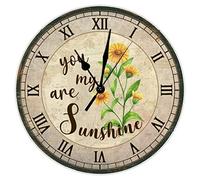 PODbyyou Sunflower Quotes Sunshine Wooden Wall Clock Battery Operated Silent Wood Wall Clocks Watercolor Sunflower Yellow Floral Clock Vintage Country Style 12inch Round Clock for Living Room