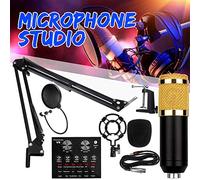 Podcast Equipment Bundle -,Adjustable Mic Suspension Scissor Arm,Condenser Microphone Bundle with Live Sound Card - -Layer Pop Filter for Studio Recording & Broadcasting