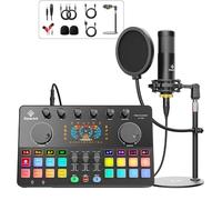 Podcast Equipment Bundle All-in-One with Dual XLR-3.5 Condenser Micophone with Mic Pop Filter Audio Equipment for Live Streaming/Recording, Online Gaming for Phone/Laptop/PC Audio Interface M100