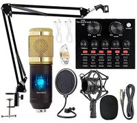 Podcast Equipment Bundle, BM-800 Mic Kit with Live Sound Card, Adjustable Mic Suspension Scissor Arm, Metal Shock Mount and Double-Layer Pop Filter for Studio Recording & Broadcasting (CF100-Gold)