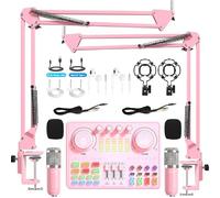 Podcast Equipment Bundle for 2: Audio Interface & DJ20 Mixer with XLR Mic, Voice Changer, 2400mAh Battery for Podcasting, TikTok Live Streaming, and Gaming (Pink)