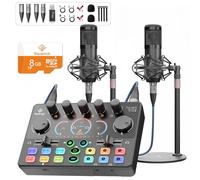 Podcast Equipment Bundle for 2, Audio Interface with 8GB Memory Card and XLR Condenser Microphones,Stereo, Denoise, RGB,Built-in Recorder, 48V Phantom Power for Streaming,Podcast Recording,Gaming