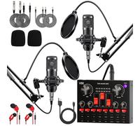 Podcast Equipment Bundle for 2, Audio Interface with Cardioid Designer BM800 Mic for Gamer and All-in-One DJ Mixer, Perfect for Live Streaming, Singing, YouTube