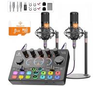 Podcast Equipment Bundle for 2, Audio Mixer with 8GB Memory Card and XLR Dynamic Mics,RGB,Built-in Recorder, Customize Button, Stereo for Vocal Recording Podcasting,Streaming Singing Camera, PC, Phone