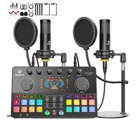 Podcast Equipment Bundle for 2 with Dual XLR-3.5 Condenser Micophones with Mic Pop Filters Audio Equipment for Live Streaming/ Recording, Online Gaming for Phone/ Laptop/ PC Audio Interface M100