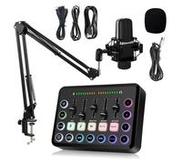Podcast Equipment Bundle,Gaming Audio Mixer with Voice Changer and Mute Button,Sound Board,All-in-One DJ Mixer with BM800 Microphone ideal for video production, live streaming, gaming voiceovers