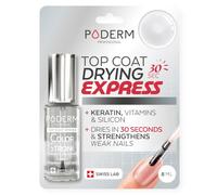 PODERM Top Coat Strengthening Nail Polish - 30 Sec Express Drying Time | Swiss Lab - 8 ML | Strengthens & Regenerates Brittle and Fragile Nails | Keratin, Biotin & Silicon | Created by a Podiatrist
