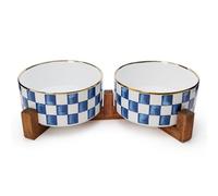 Podinor Ceramic Dog Bowls for Medium Dogs, 3.5 Cup Checkered Dog Food and Water Bowl with Acacia Wood Stand, Non-Slip Anti-Tip Elevated Feeding Station, Blue and White