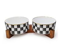 Podinor Ceramic Dog Bowls for Medium Dogs, 3.5 Cup Checkered Dog Food and Water Bowl with Acacia Wood Stand, Non-Slip Anti-Tip Elevated Feeding Station, Black and White