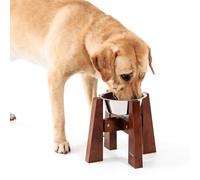 Podinor Elevated Dog Bowl Stand for Medium Dogs, Sturdy Bamboo Raised Dog Food and Water Feeding Station - Adjustable Sideways (3 Cup Bowl Included)