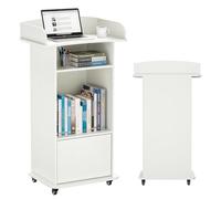 Podium Stand Portable with Wheels, Classroom Lectern for Teacher with Adjustable Storage Shelf, Mobile Rolling Church Pulpits, Office Wooden Reception Desk, Host Stand for School Conference（White）