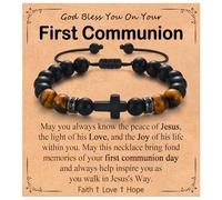 PODLEV Cross Bracelet for Boys Frist Communion Gifts, Adjustable Natural Stone Stretch Religious Beaded Bracelets, 1st Communion Decorations Christian Jewelry Gifts for Boys Kids Teens Men