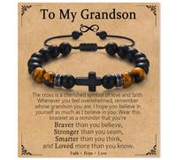 PODLEV Cross Bracelet Gifts for Grandson- Adjustable Natural Stone Stretch Religious Beaded Bracelets for Him, To My Grandson Bracelet Christmas Birthday Graduation Easter Baptism Christian Gifts