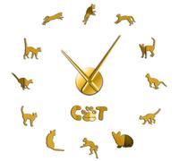 PODODO Frameless Cornish Rex Cat Breed 3D DIY Wall Clock Kitty Animals Acrylic Mirror Effect Wall Sticker Kit Decoration Clock Watch(Gold,27inch)