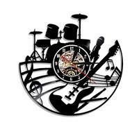 PODODO Guitar and Drum Kits Wall Clock Guitar Player Music Vinyl Record Clock Rock Music Instrument Guitar Wall Art Rock n Rock Gift Without LED