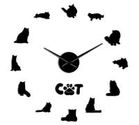 PODODO Ragdoll Cat Breed Mirror Effect 3D DIY Wall Art Clock Watch Cute Cat Animals Design Mute Wall Clock Self Adhesive Kit Decoration(Black,27inch)