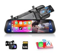 Podofo Mirror Dash Cam with Wireless Apple Carplay, Android Car with HD Rear View Camera, 9.66 Inch IPS Touchscreen Dual 1080P Rear View Mirror, Dash Cam Car, 2 Split Screens, Bluetooth